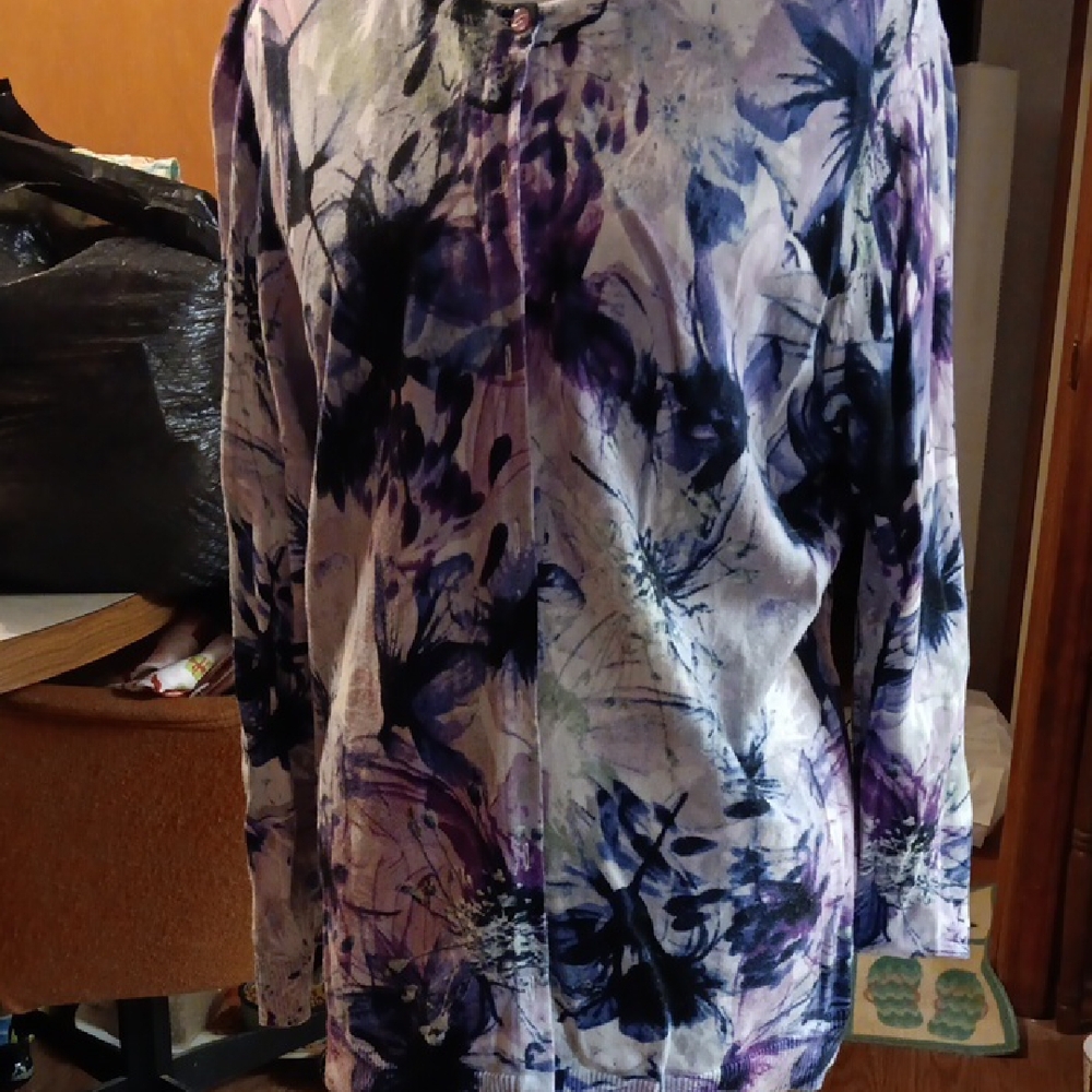 Cj Banks Abstract Floral L/s Sweater In Shades Of Purple 1xlong Sleeve Cardigan